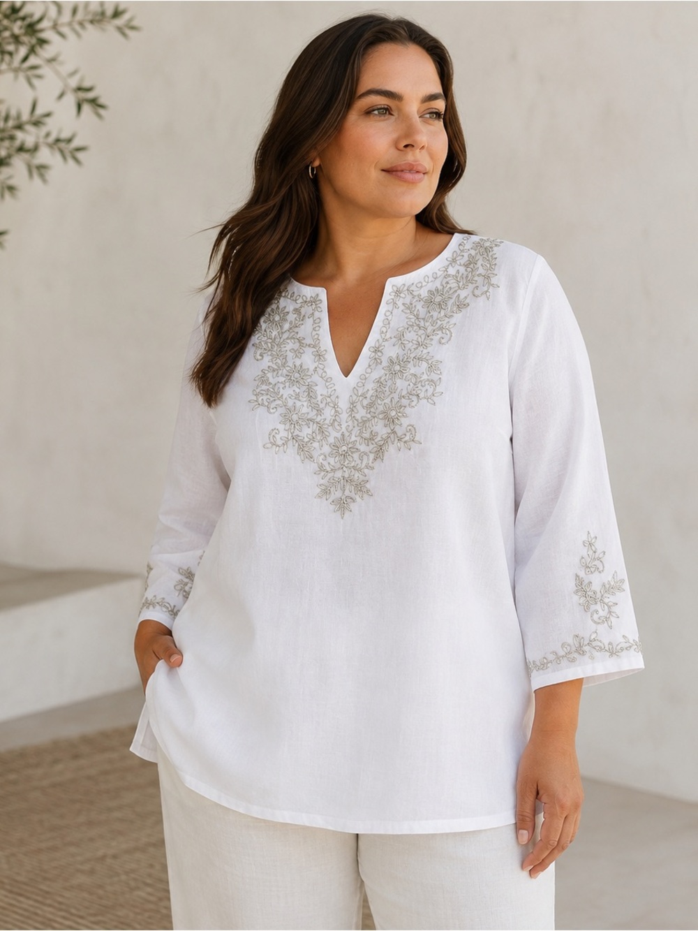 Charter Club Luxury 100% Linen Embroidered Tunic Top 2X White Silver Floral